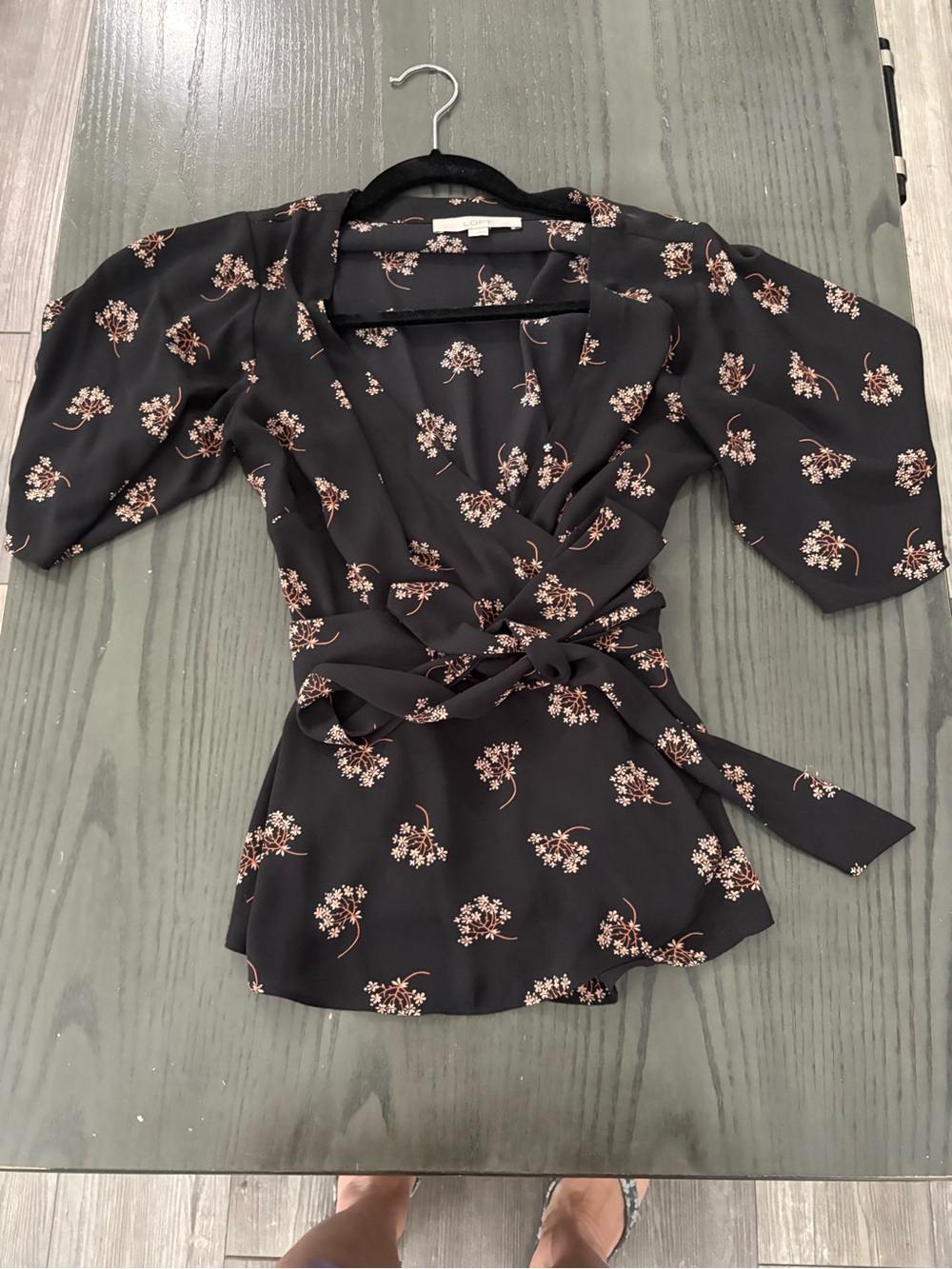 LOFT Black Wrap Top with Pink Floral Print